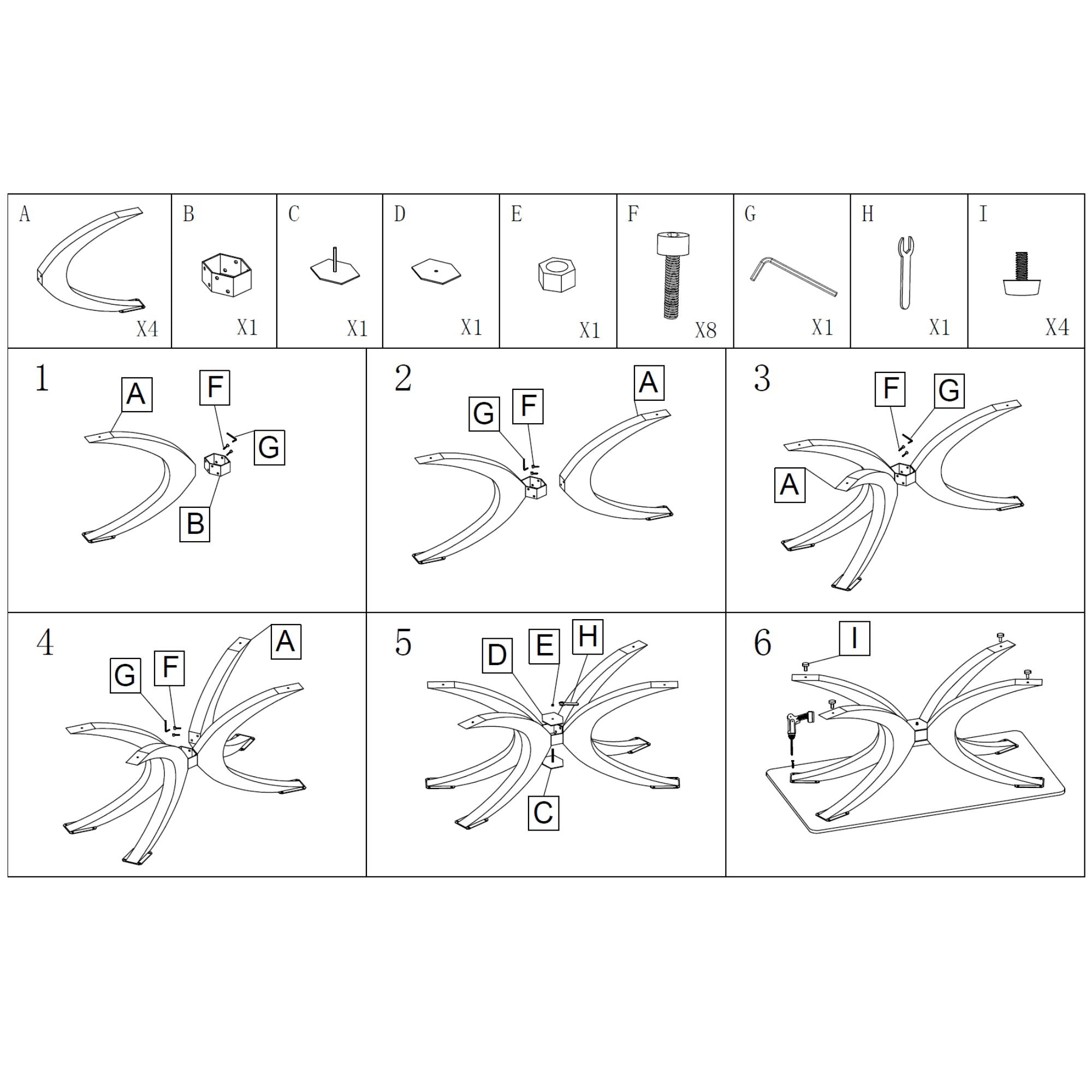 Detailed assembly instructions for flowy butterfly shaped table base, featuring step-by-step diagrams and parts list for easy reference.