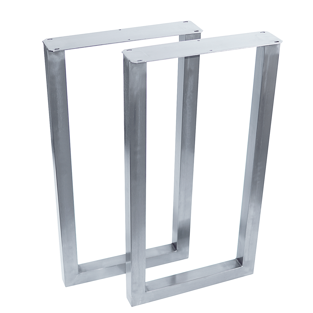 Pair of silver U-shaped metal table legs with rectangular frame and mounting plates