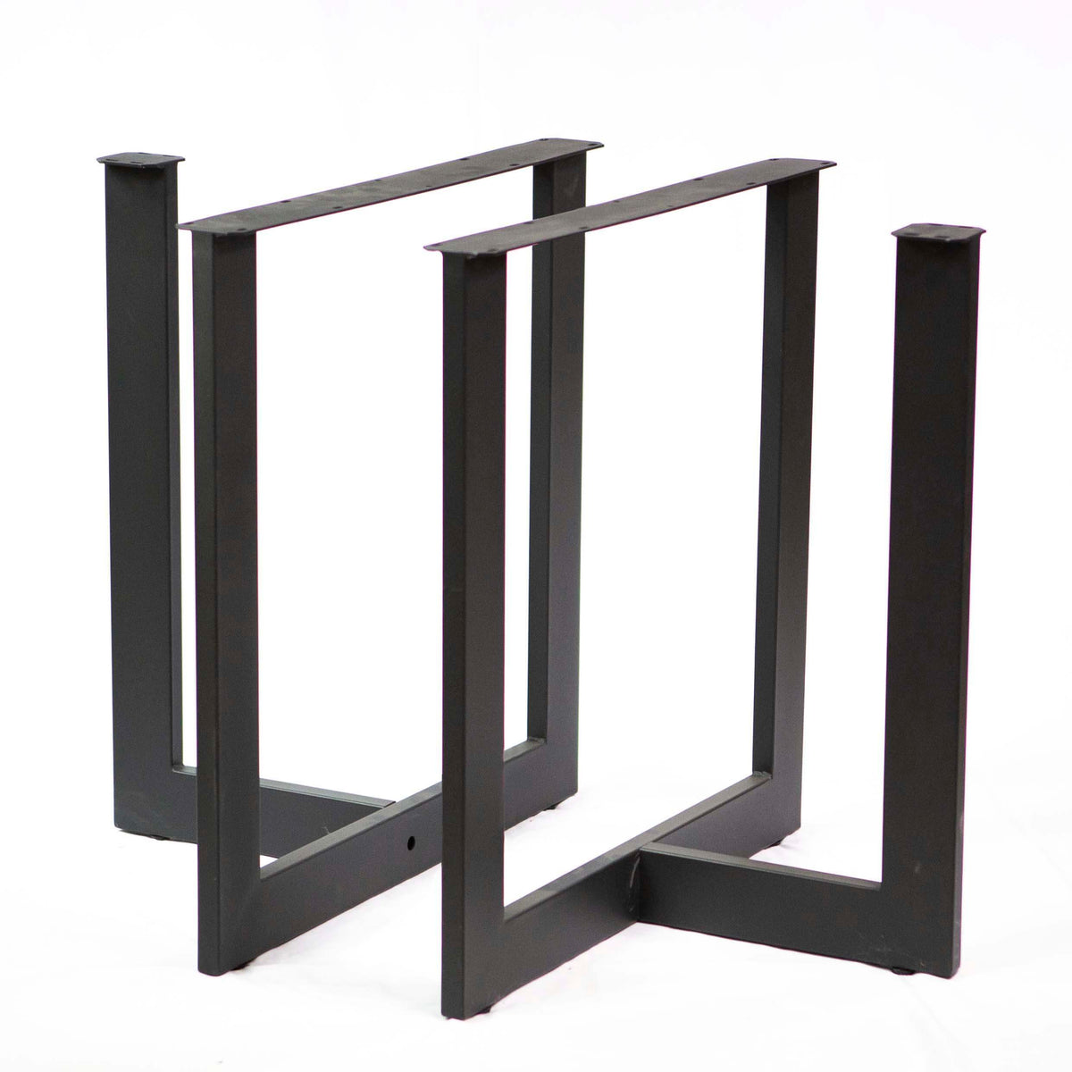 Dining table base set in dark metal, two outer legs connected by cross bar