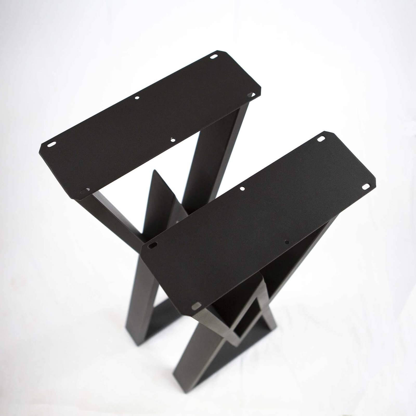Metal bar table leg base with angled frame and mounting holes, dark finish