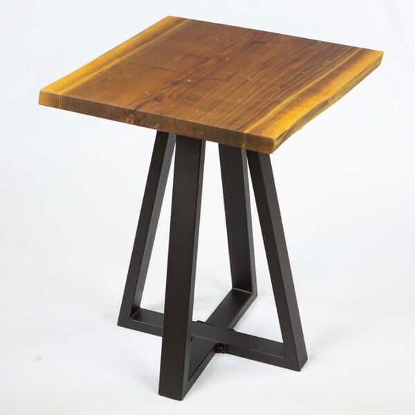 Fully assembled SS2260 pyramid shaped side table base on a square wooden table top, ideal for small spaces.