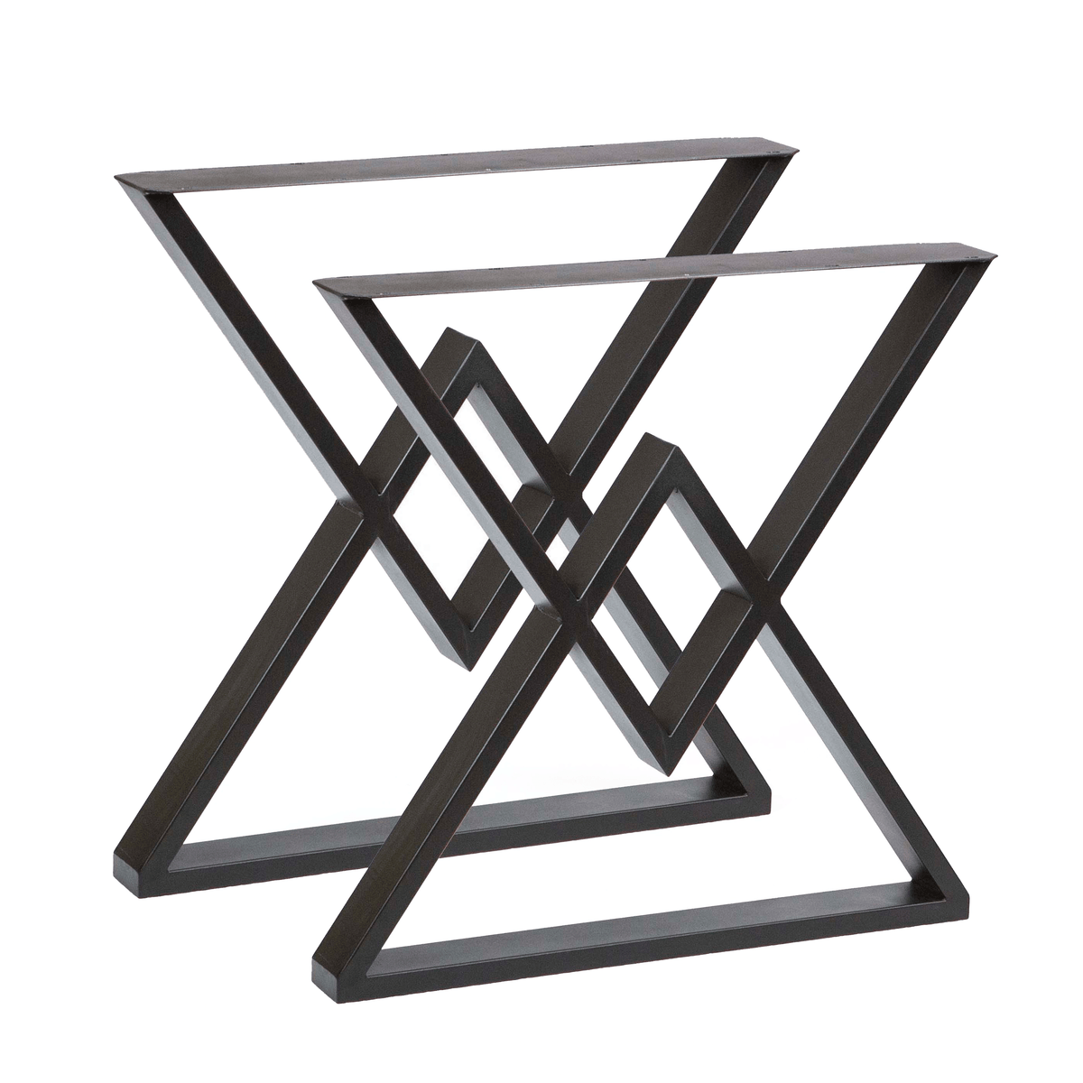 Black metal dining table leg frame with crossed lattice supports and square feet