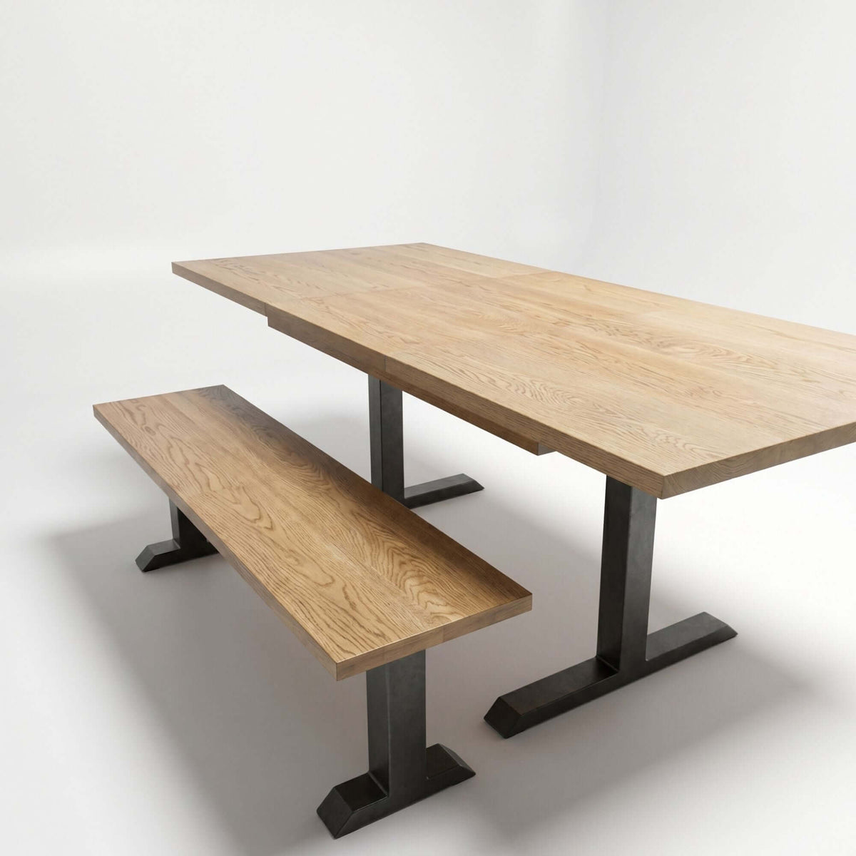 Black T-shaped bench legs with angled base feet supporting a wooden bench frame
