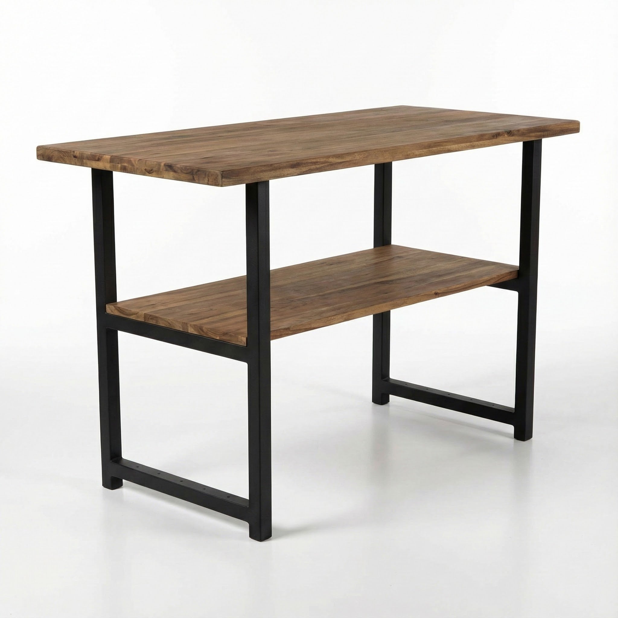 Kitchen island table with black metal legs and two-tier rustic wood shelves