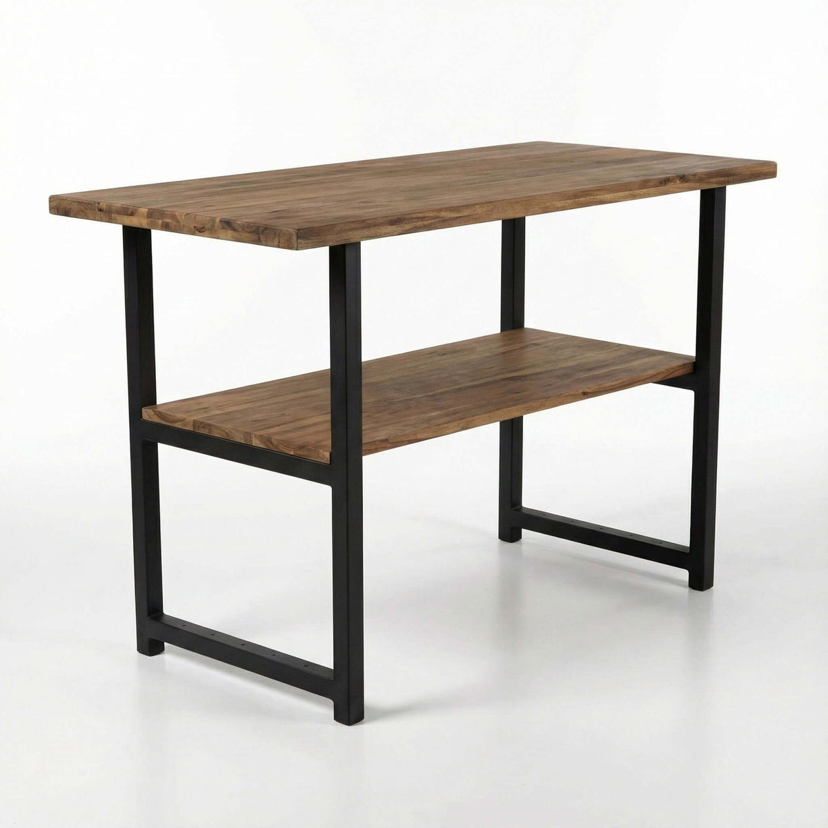 Kitchen island table with black metal legs and two-tier rustic wood shelves