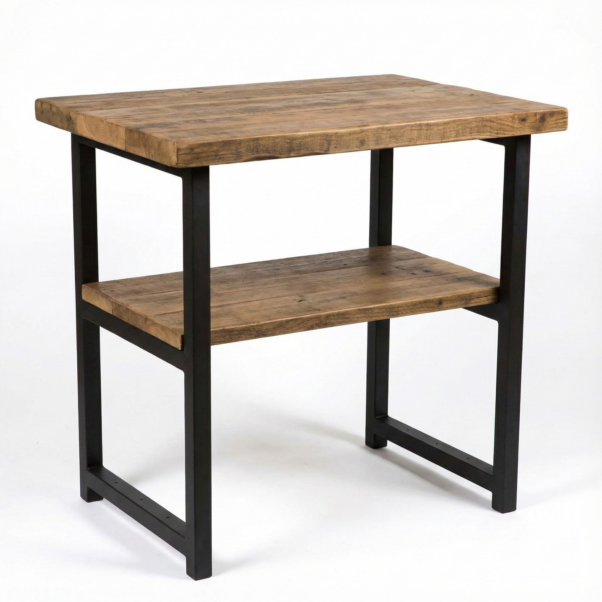 Kitchen island table with black metal frame and two-tier rustic wood top and shelf