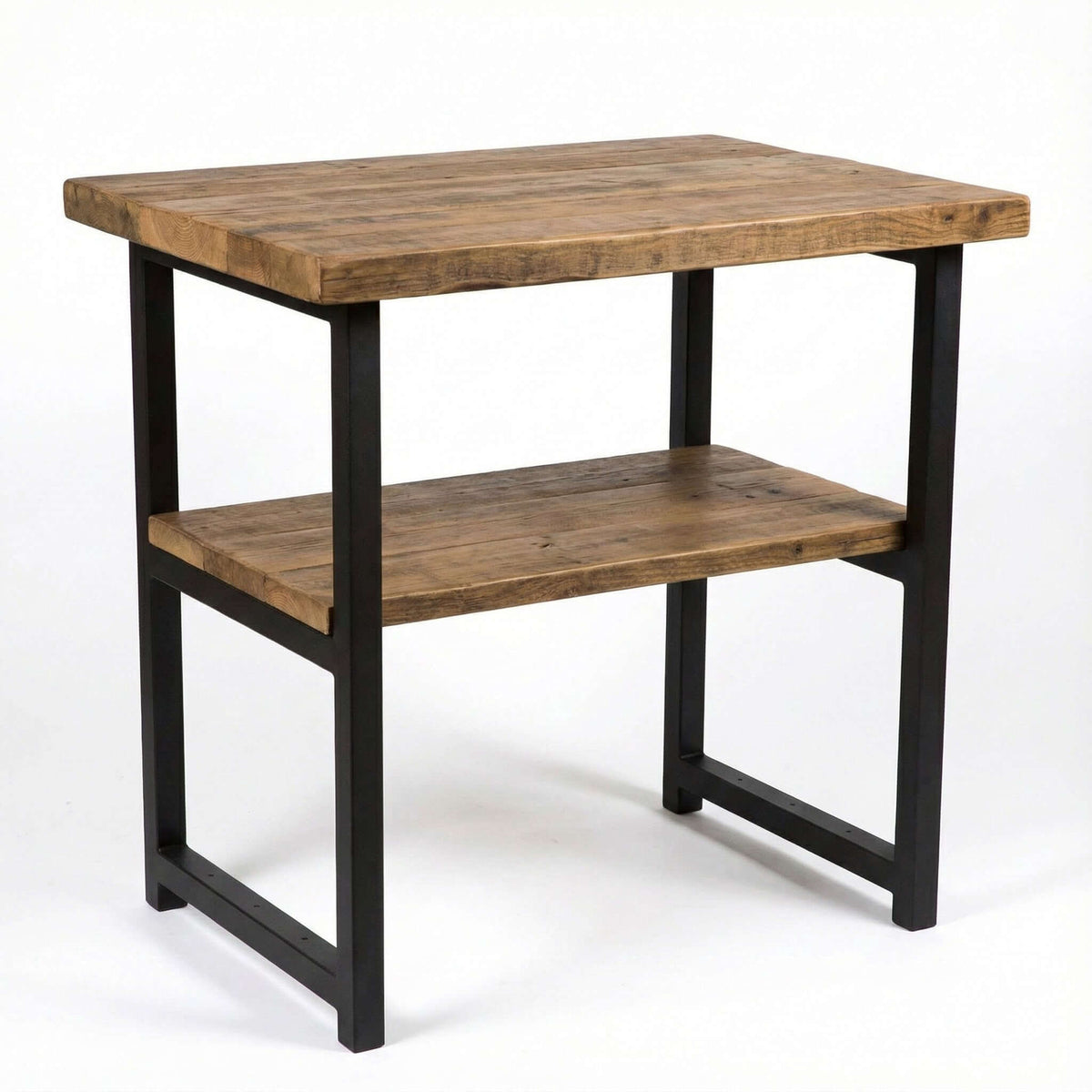 Kitchen island table with black metal frame and two-tier rustic wood top and shelf