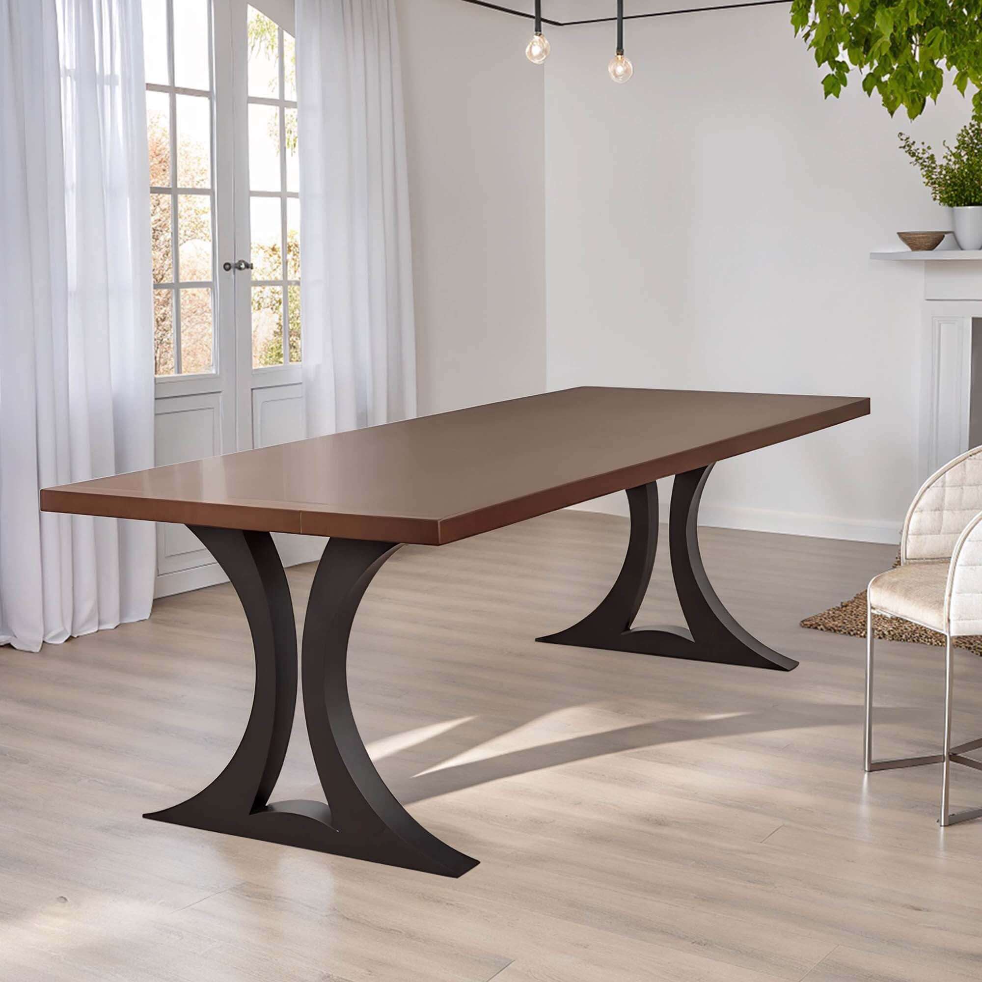 ST3012 flowy X-shaped table legs displayed with a brown wood top, ideal for stylish dining settings.