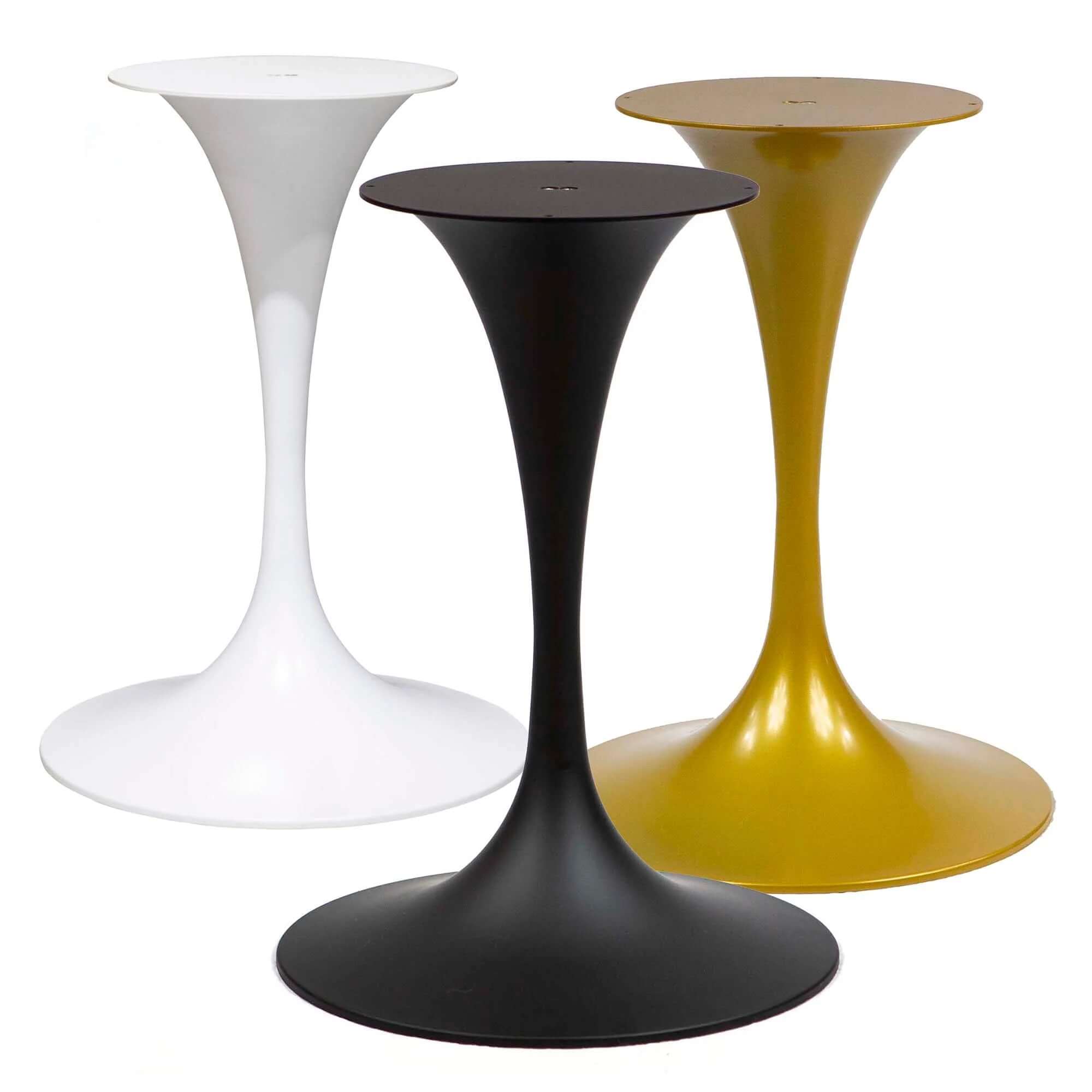 Three tulip-shaped bistro table bases in white, black, and gold colours, arranged on a white background.