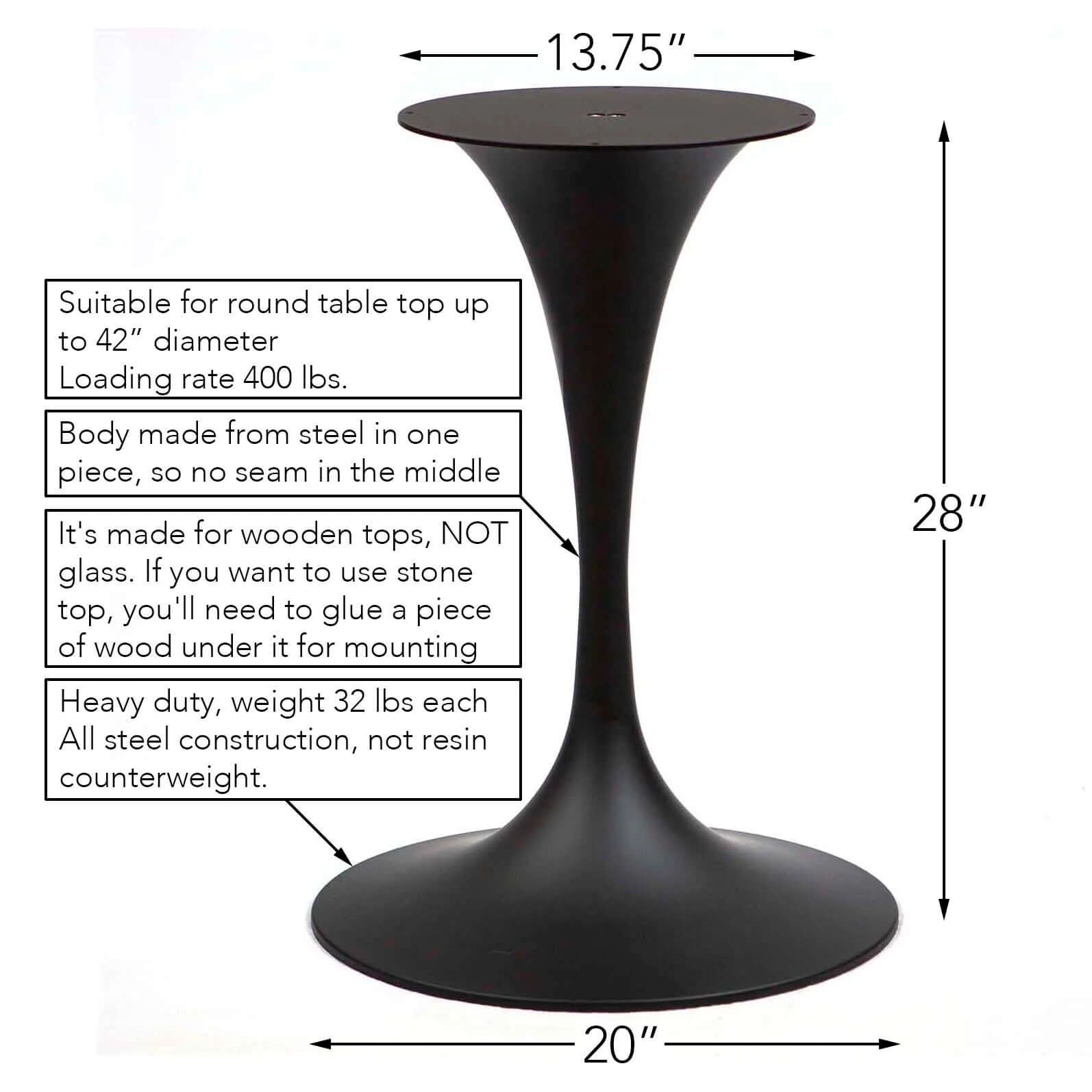 LK2028 tulip-shaped bistro table base, showing its measurements for design and placement purposes.