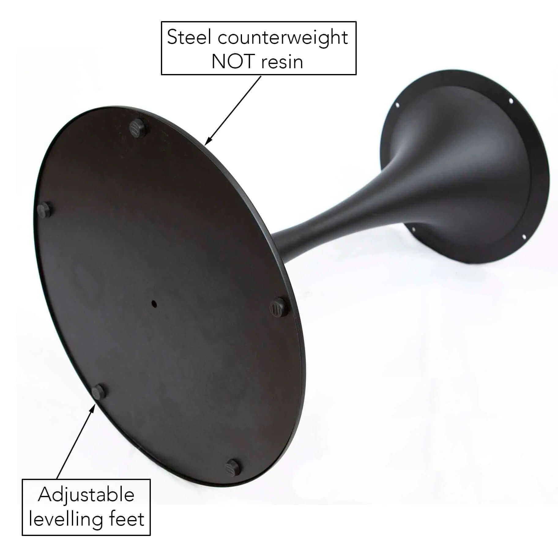 Underside view of LK2028 tulip-shaped bistro table base, highlighting the adjustable levelling feet.