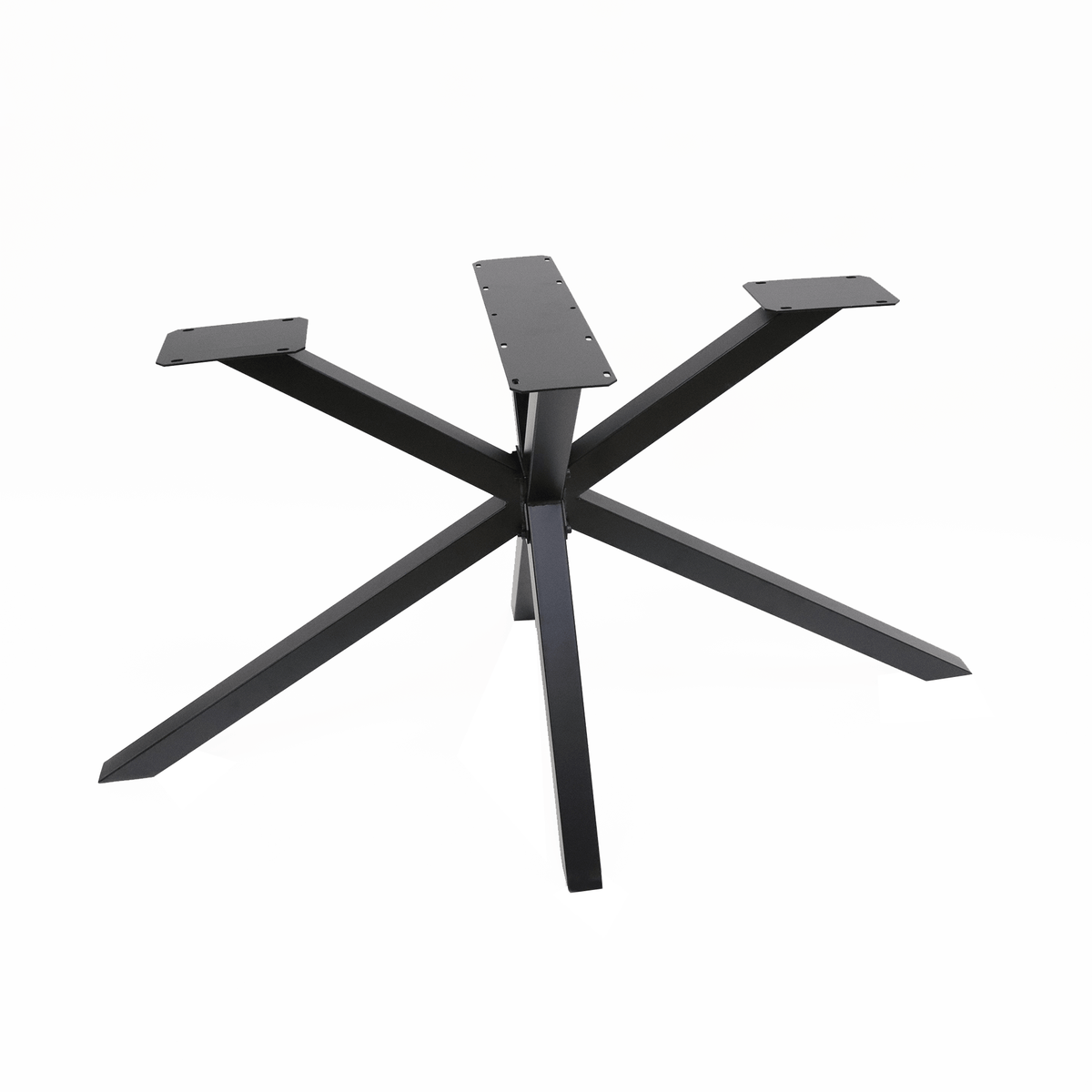 Five-leg spider table base in black metal with mounting plates at each arm end.
