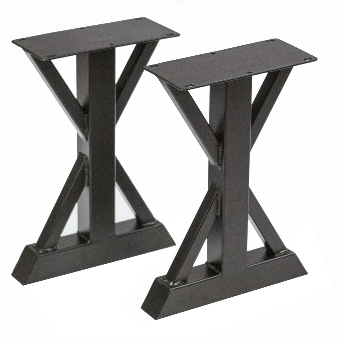 Pair of black trestle bench legs with angled top plates and sturdy base feet
