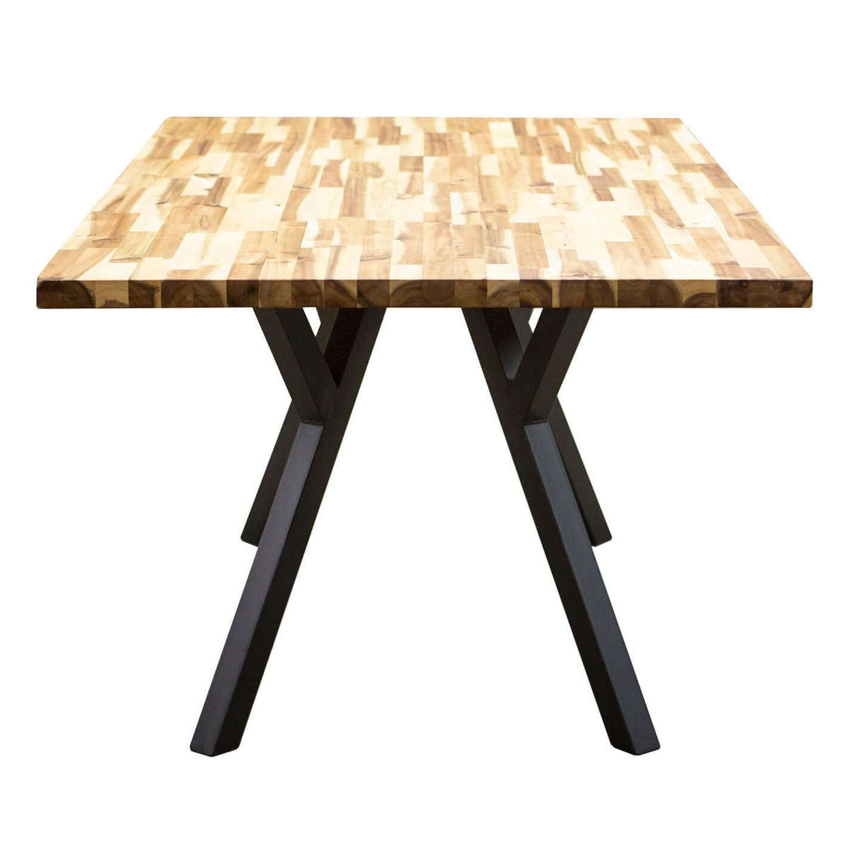 Black Y-shaped dining table legs under a patterned wood tabletop