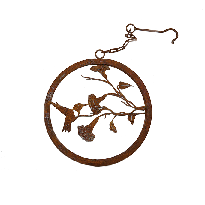 W4277 Hummingbird on Morning Glory Branch Ring with hook - rusted garden art
