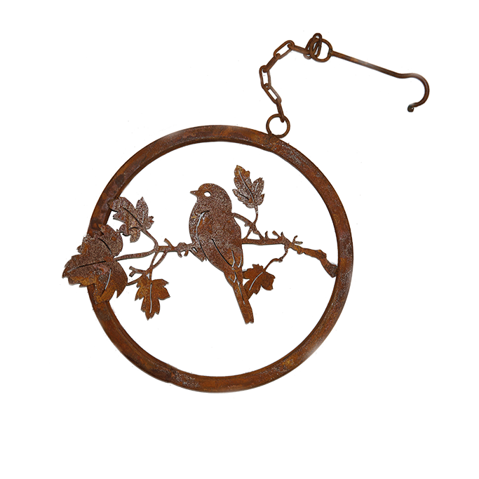 W4276 Bluebird on Maple Branch Ring with hook - rusted garden art