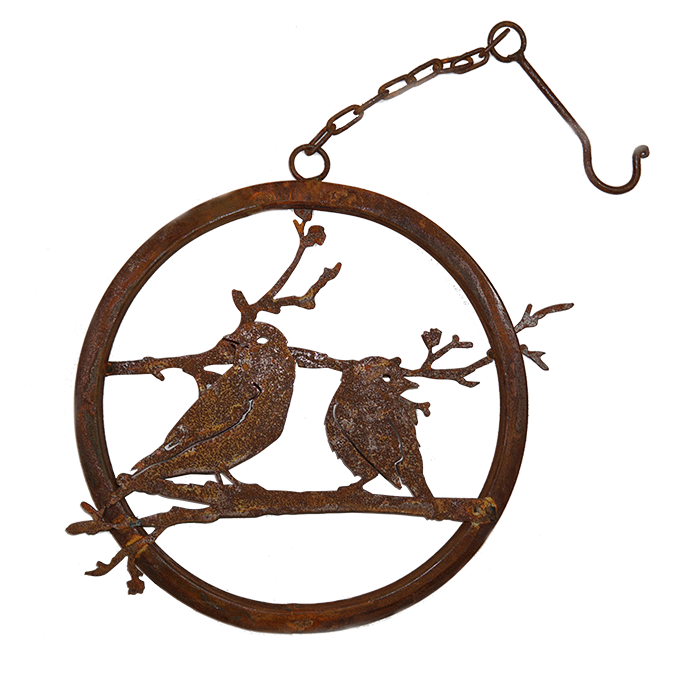 W4274 Bluebird and Warbler Branch Ring with hook - rusted garden art