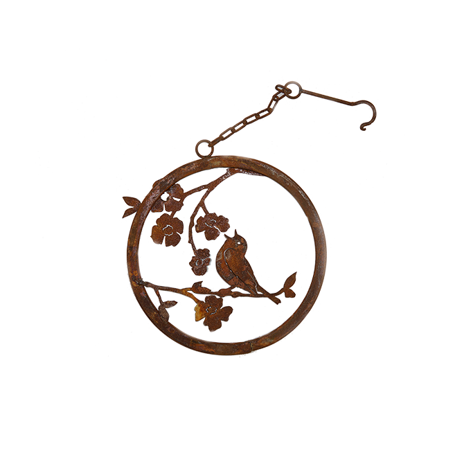 W4272 Singing Warbler on Dogwood Branch Ring with hook - rusted garden art