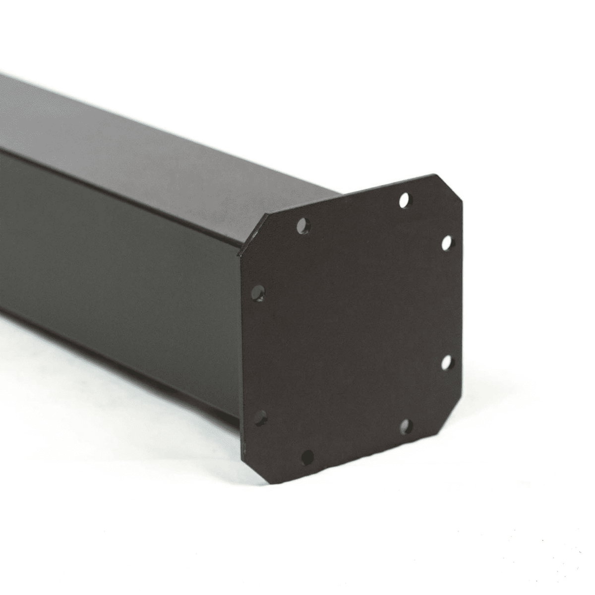 Black powder-coated leg mounting plate with corner holes for screw attachment