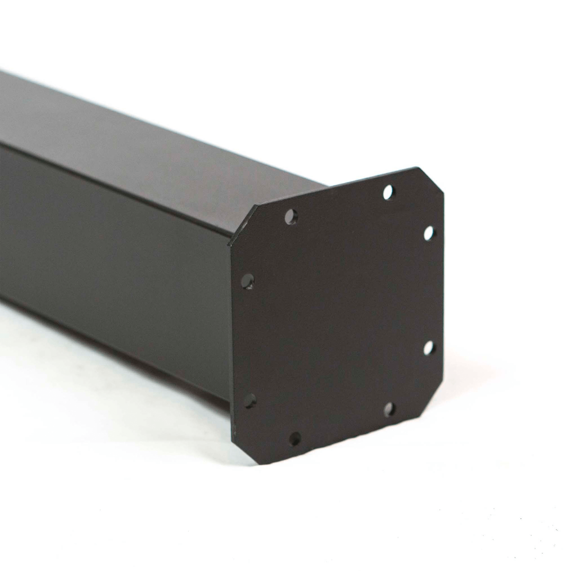 Black powder-coated table leg end plate with mounting holes, square column profile