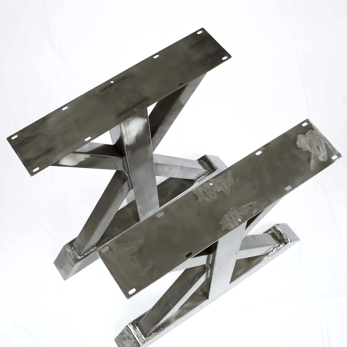 Dining table legs with metal mounting plates and cross braces, silver