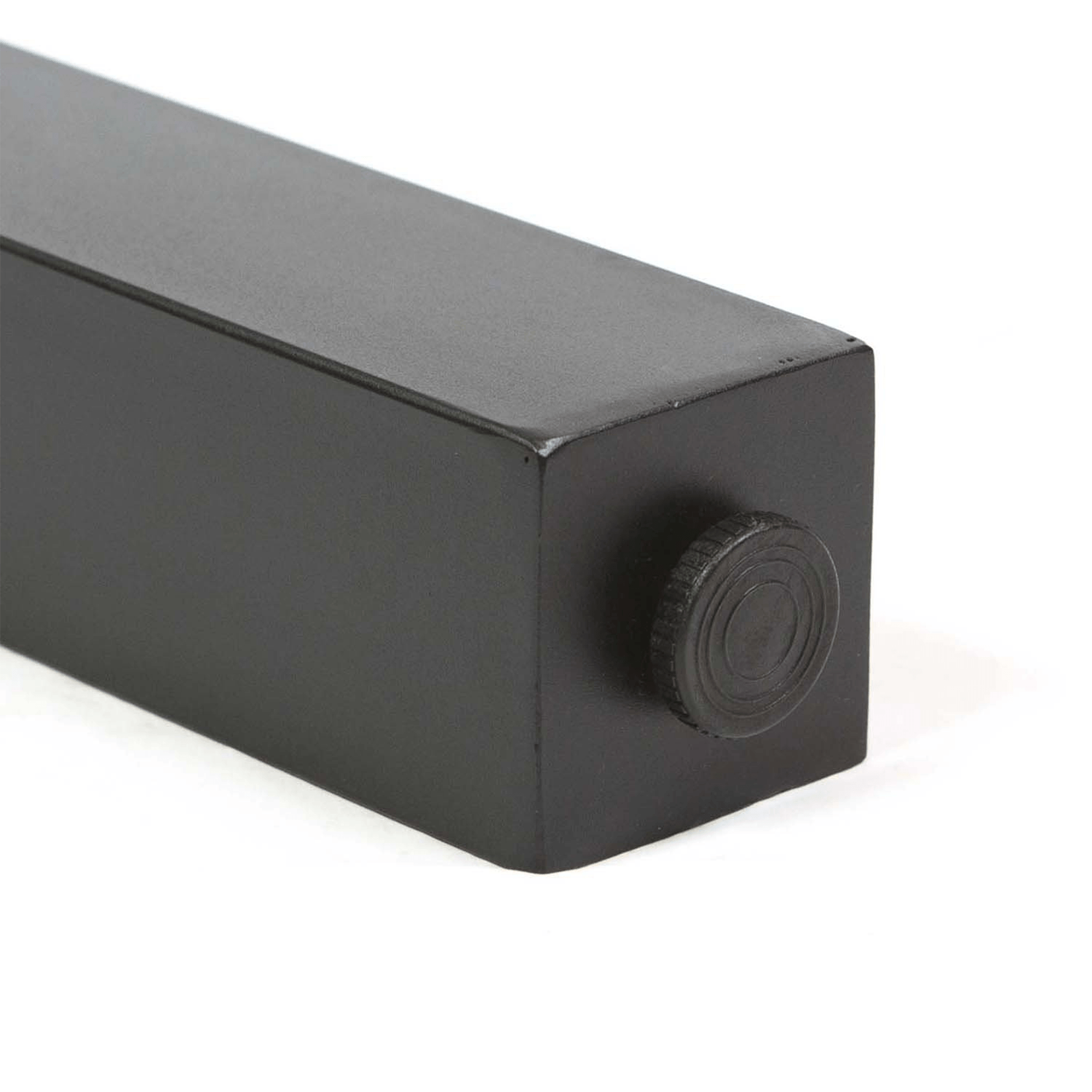 Black powder-coated table leg with circular foot pad and square column profile