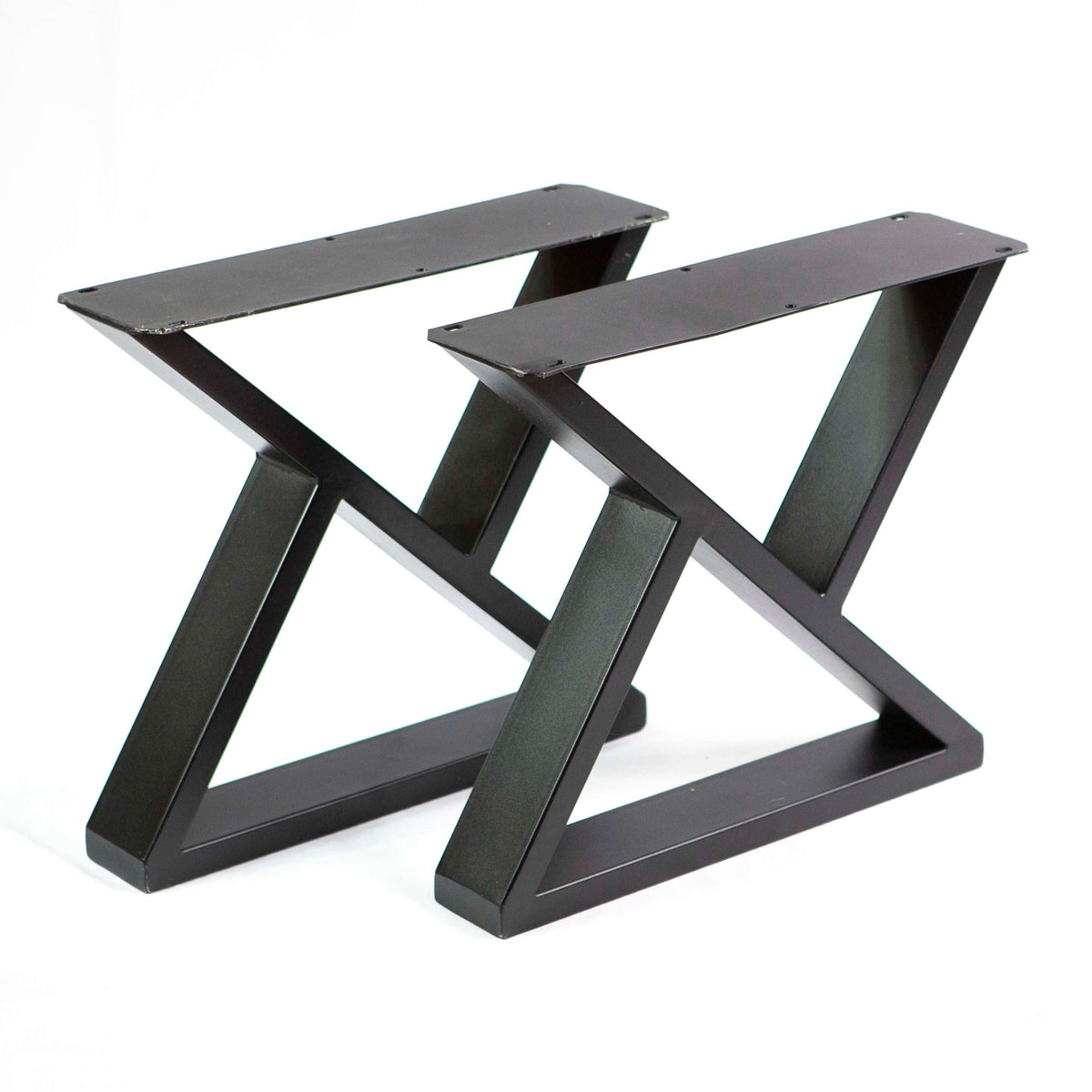 Z-shaped coffee table legs, dark charcoal metal frame with cross supports
