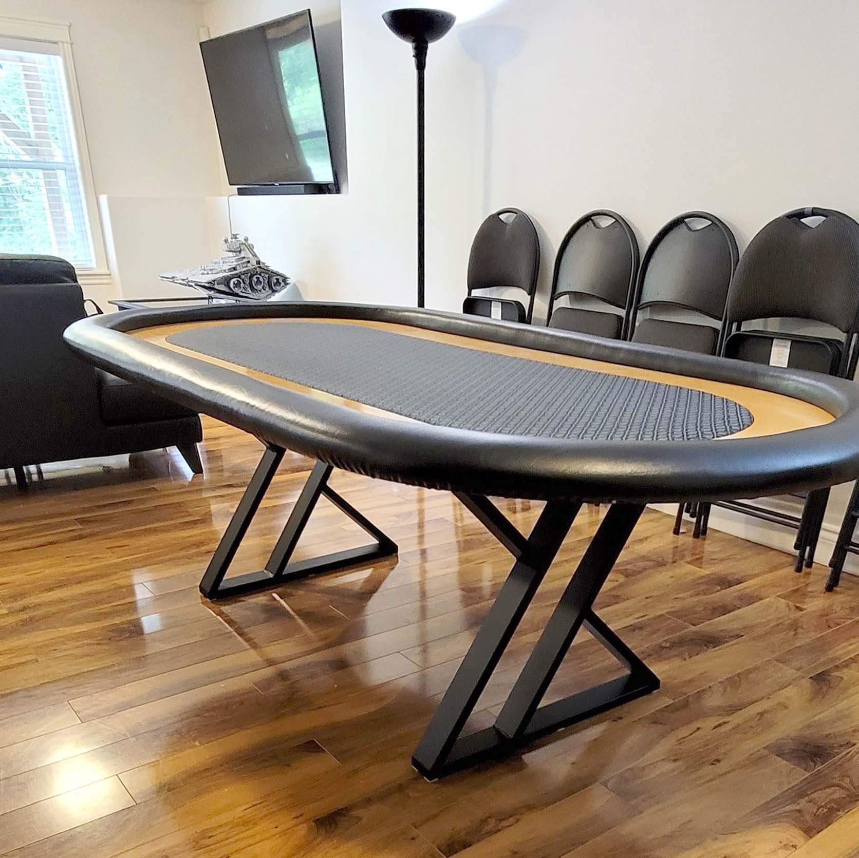 Black powder-coated Double-Z table legs under dining table