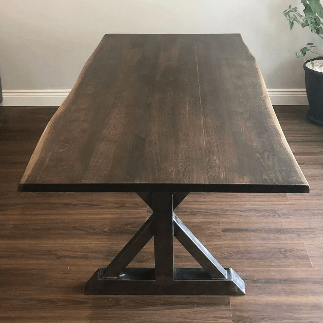 Dining table base legs with X-braced steel supports, dark finish