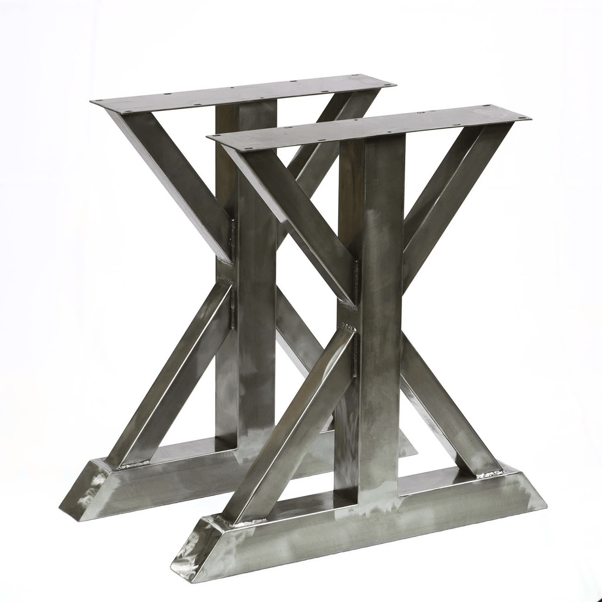 Dining table base legs, silver steel X-bracing and triangular supports