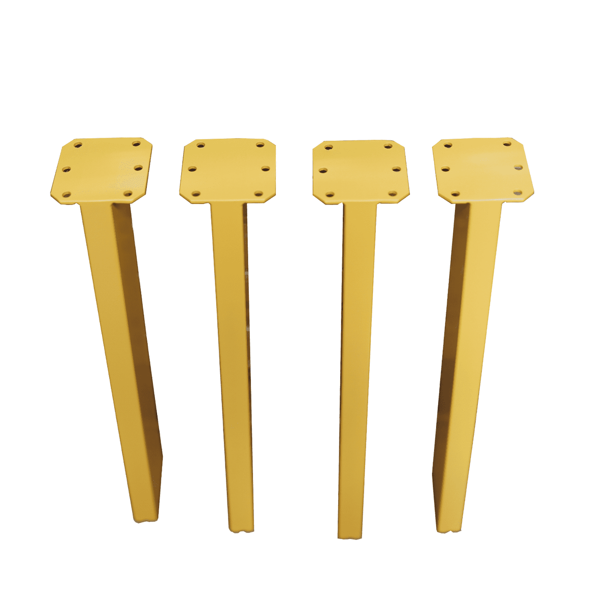 Angled coffee table legs, yellow powder-coated steel with square bolt plates