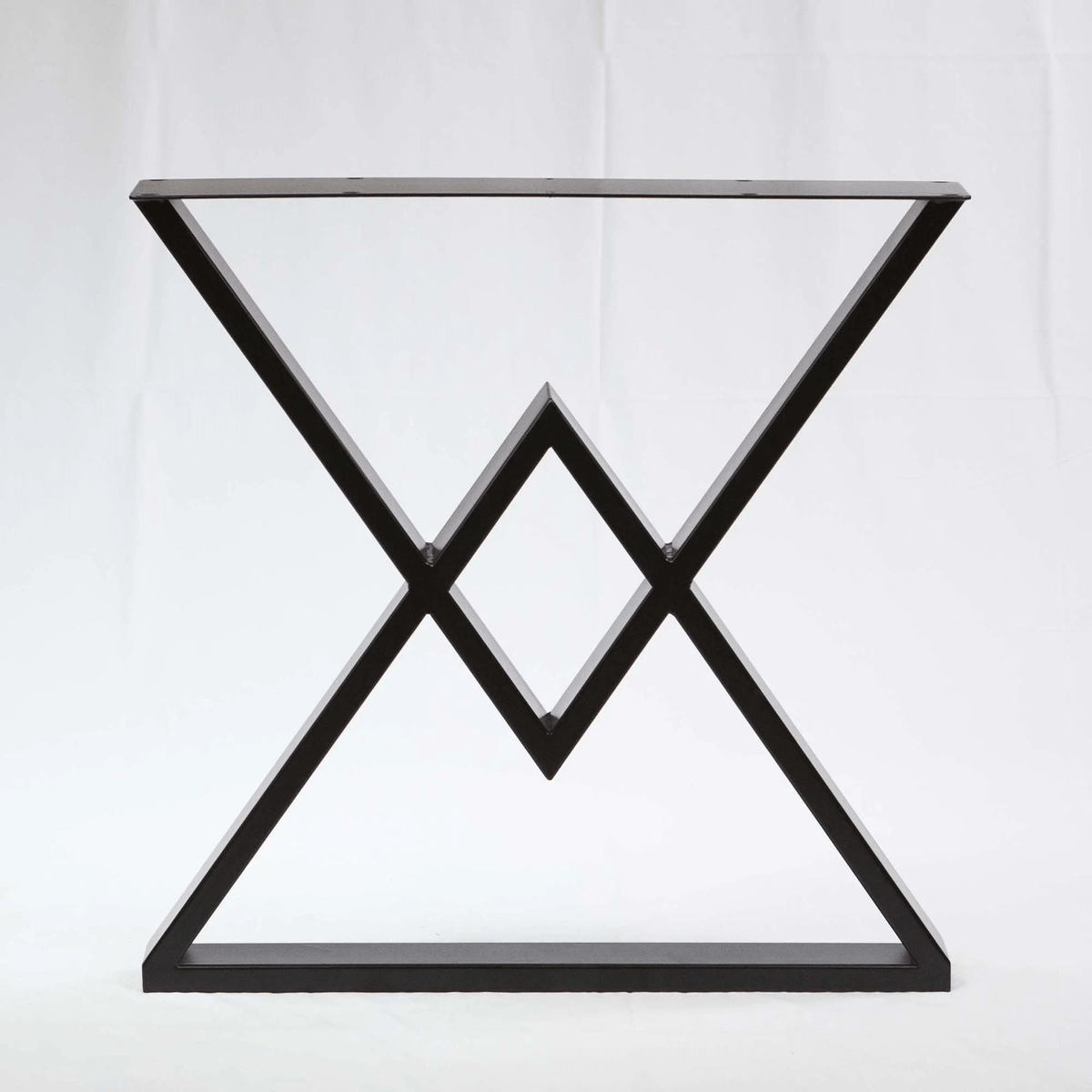 Black metal dining table leg base with X crossing and flat top mounting plate
