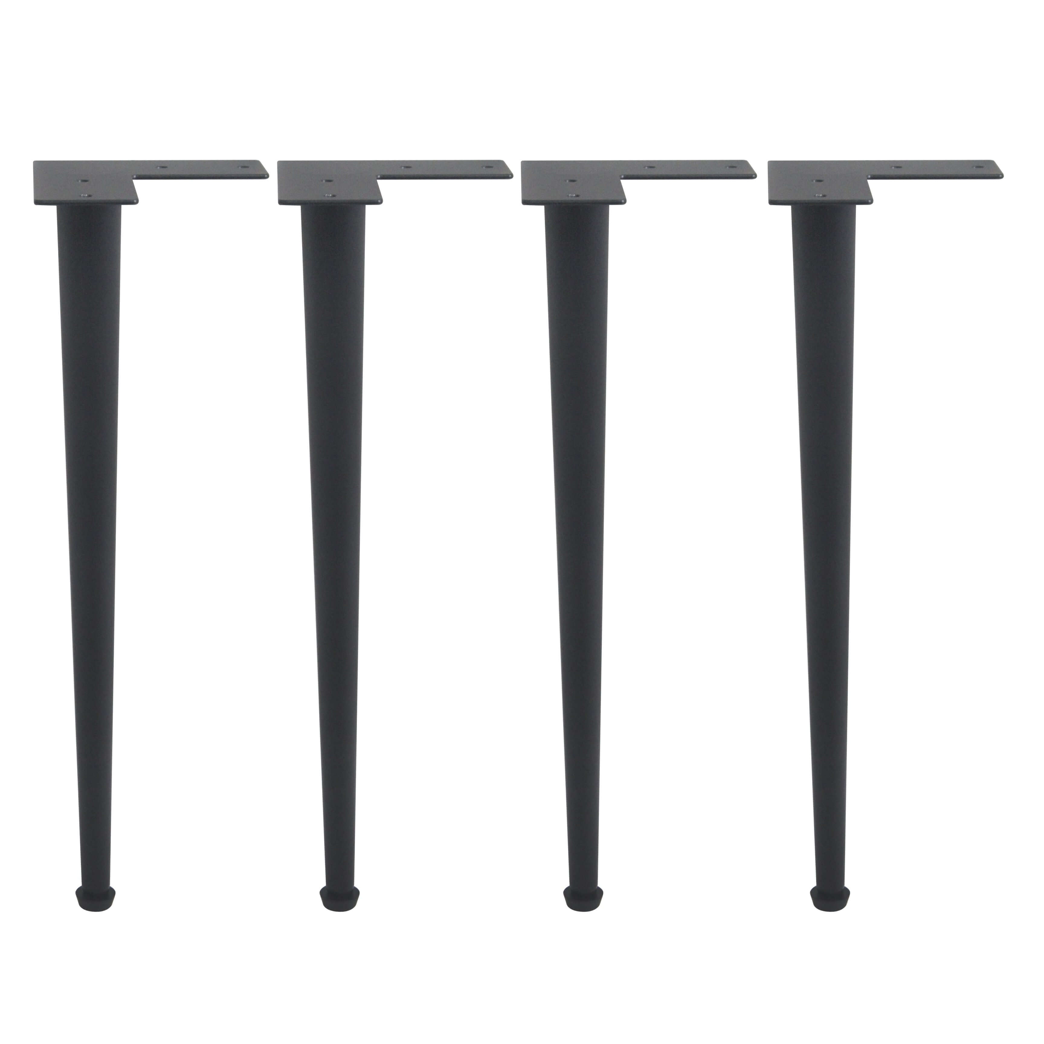 Four black cone table legs with flat top plates and tapered stems