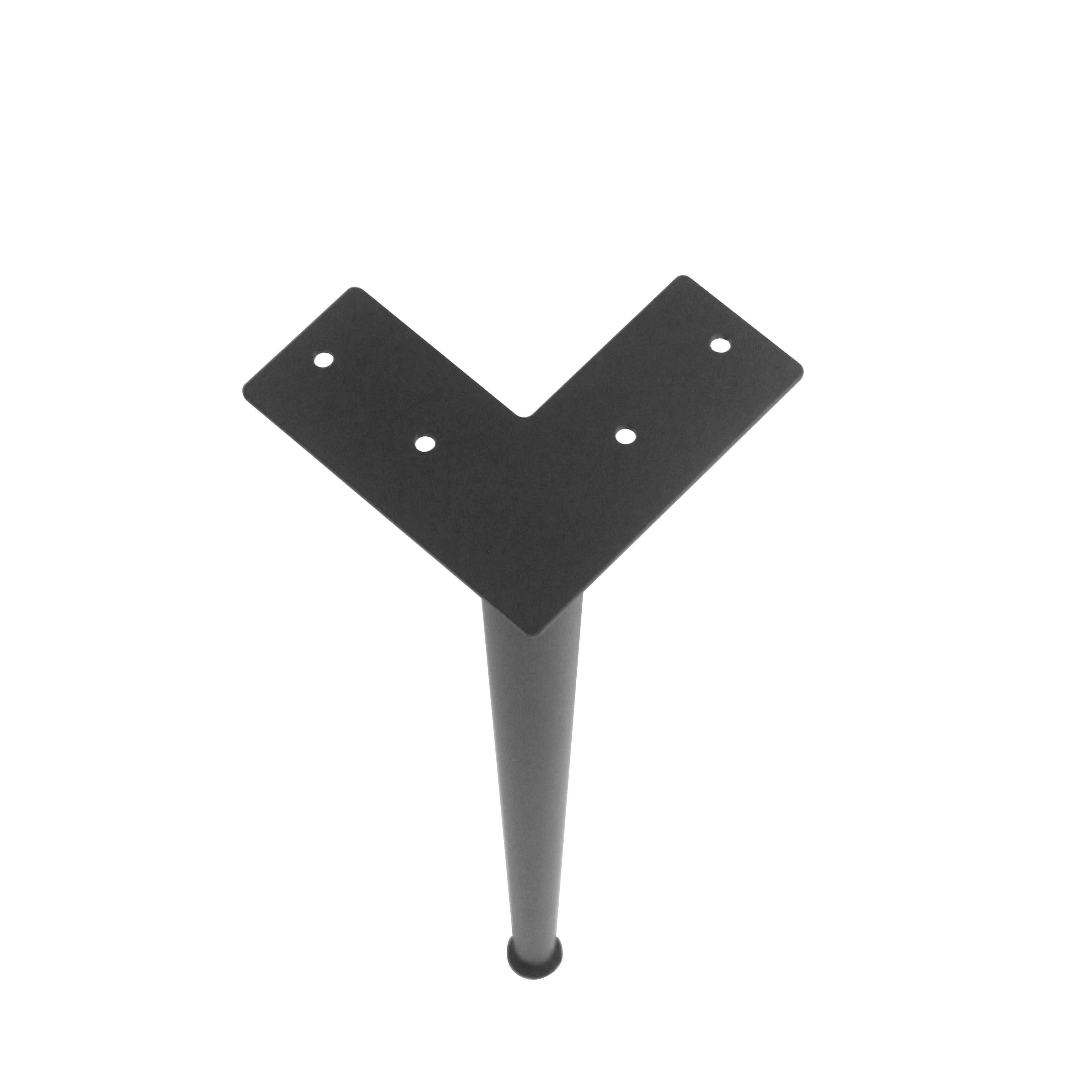 V-shaped black mounting plate with bolt holes on a cone table leg