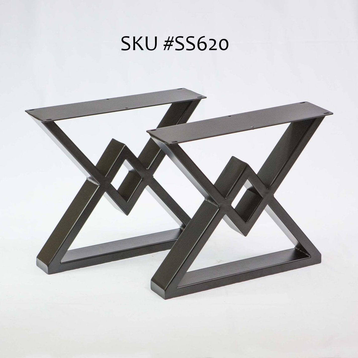 Pair of diamond-shape coffee table legs with crossed X supports and dark metal frames