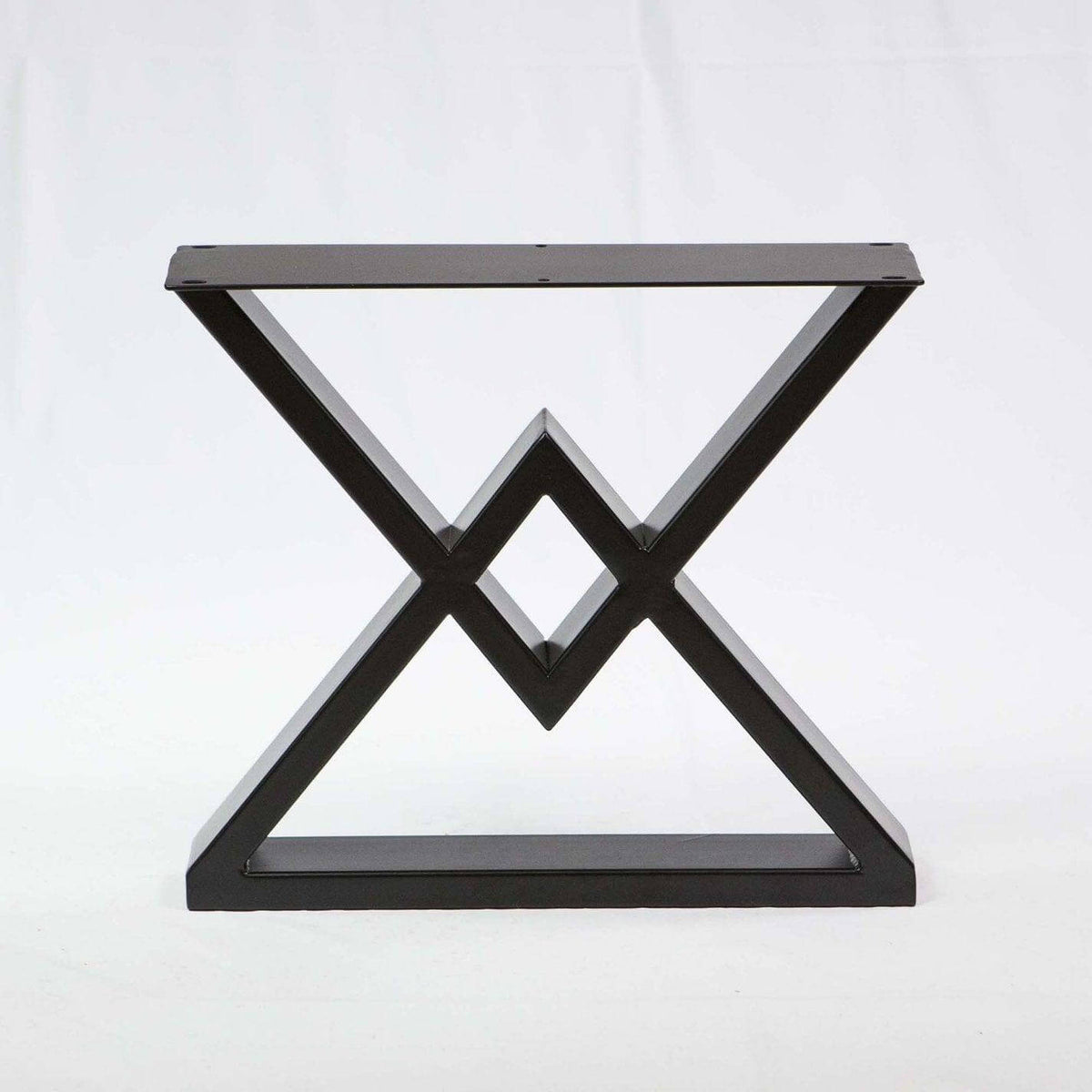 Diamond-shape coffee table legs pair with dark metal X-frame, rectangular top plates