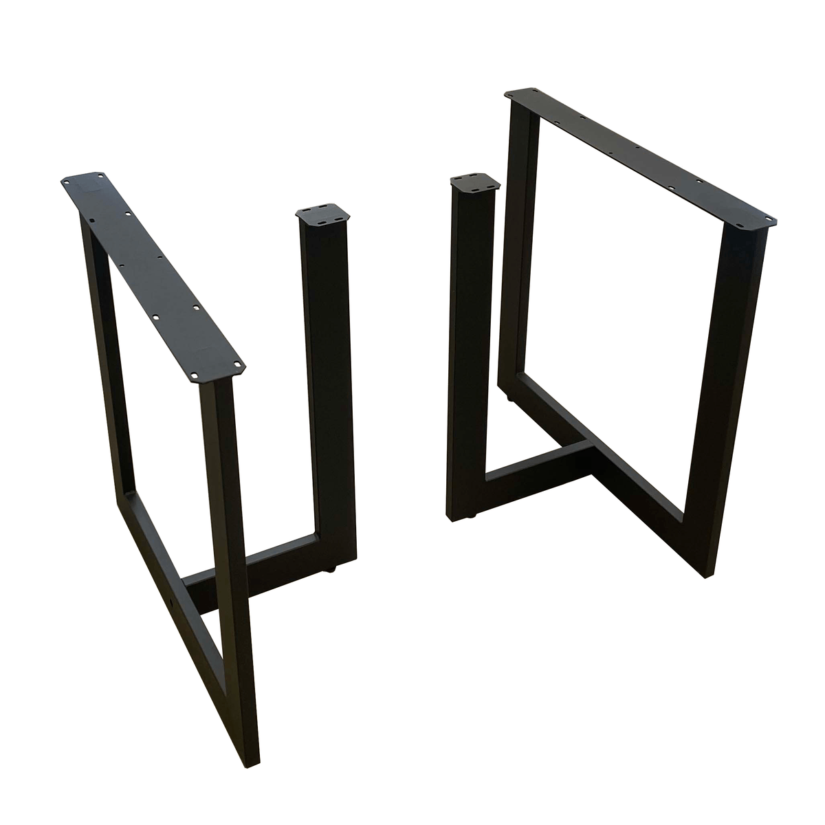 Dining table base set in dark metal, angled legs with flat mounting plates
