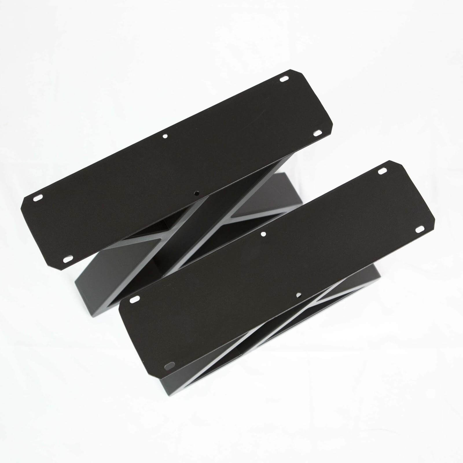 Black powder-coated double-Z coffee table leg mounting plates with screw holes