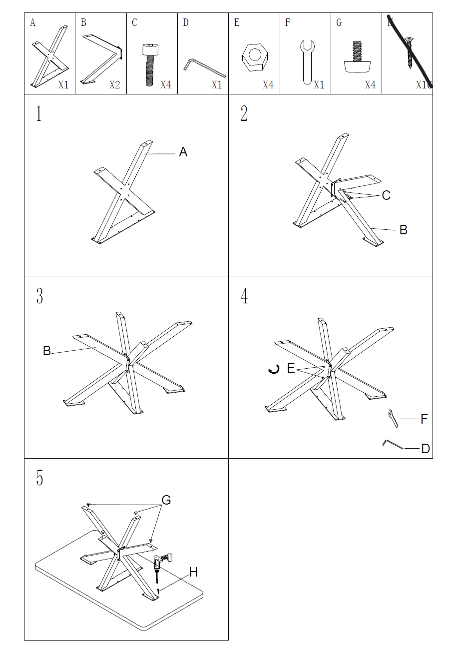 Heavy-duty spider-shaped table base with central mount, assembly diagram view