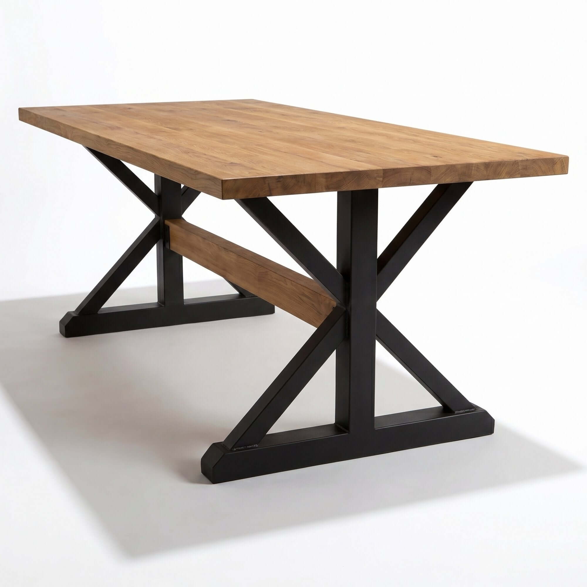 Trestle dining table legs with dark X bracing supporting a wooden tabletop