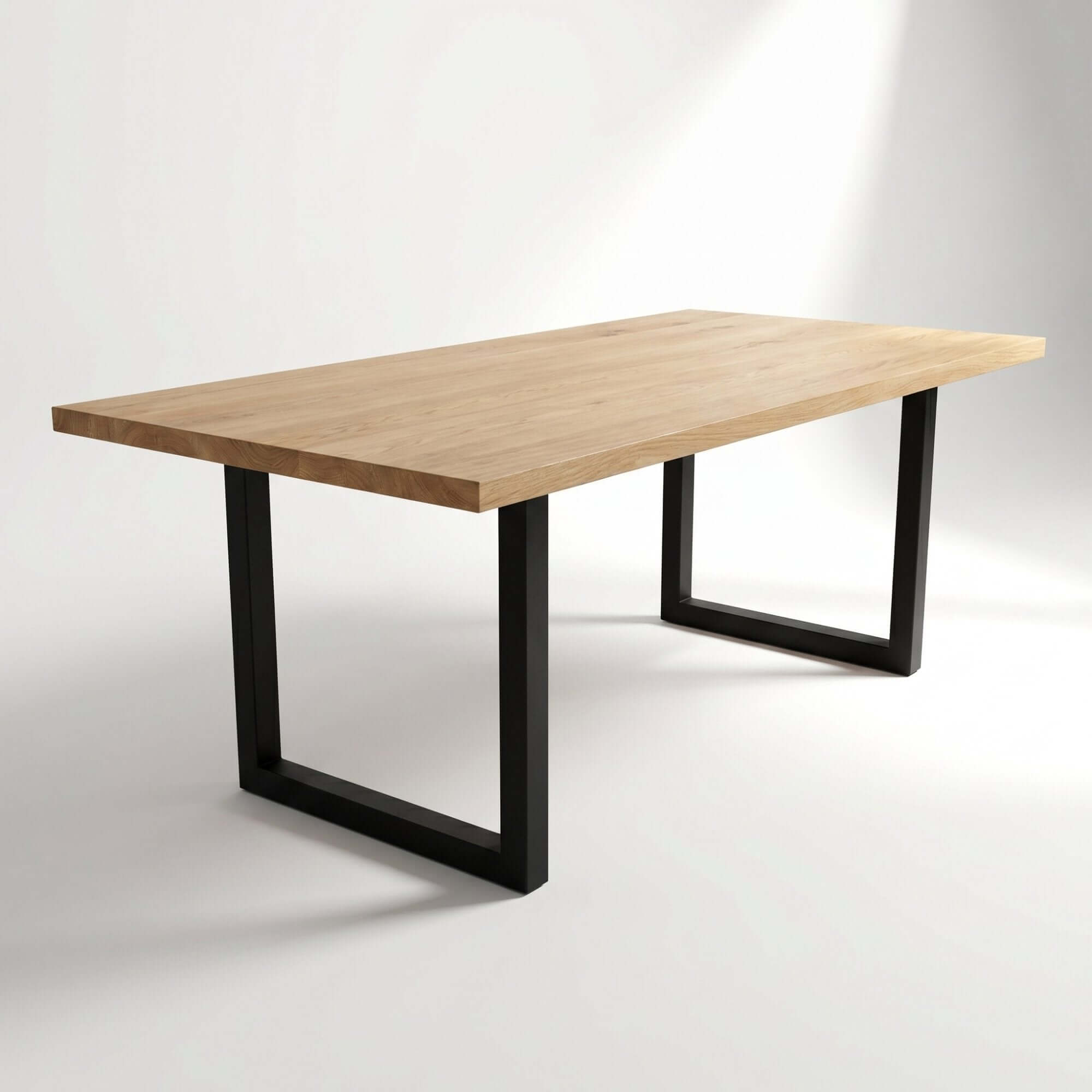 U-shaped dining table legs with light wood tabletop and black steel frame