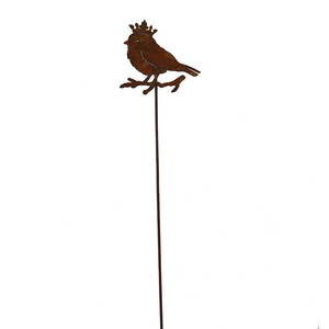 W4158 Chickadee with crown - rusted garden stakes